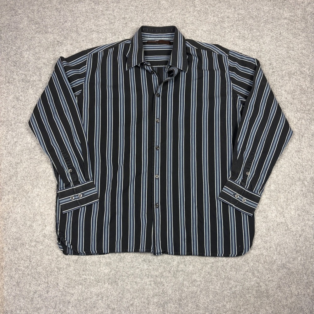 Perry Ellis Mens Large Black Blue Striped Button Up Long Sleeve Cotton Shirt